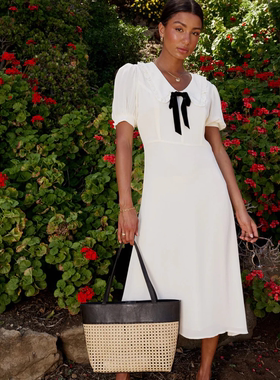 小俞家 bohm* 高级优雅法式气质丝绒蝴蝶结收腰小V领雪纺连衣裙夏