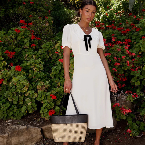 小俞家 bohm* 高级优雅法式气质丝绒蝴蝶结收腰小V领雪纺连衣裙夏