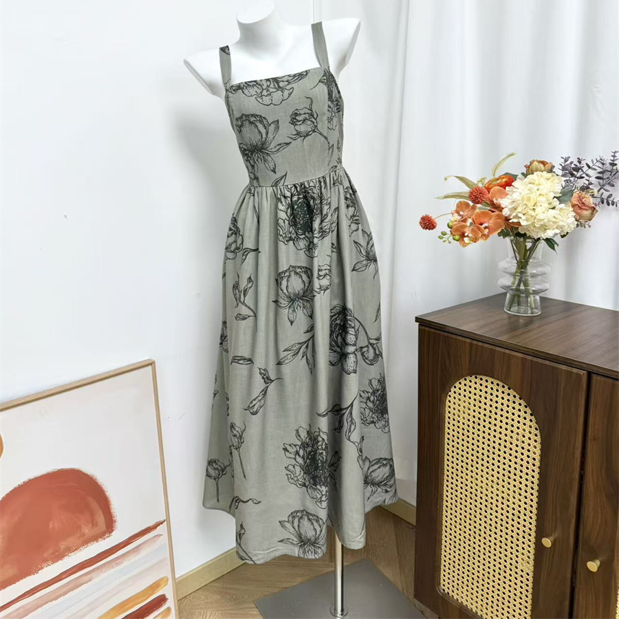 小俞家 polagra*家绿色大花连衣裙收腰吊带长裙淑女茶歇裙