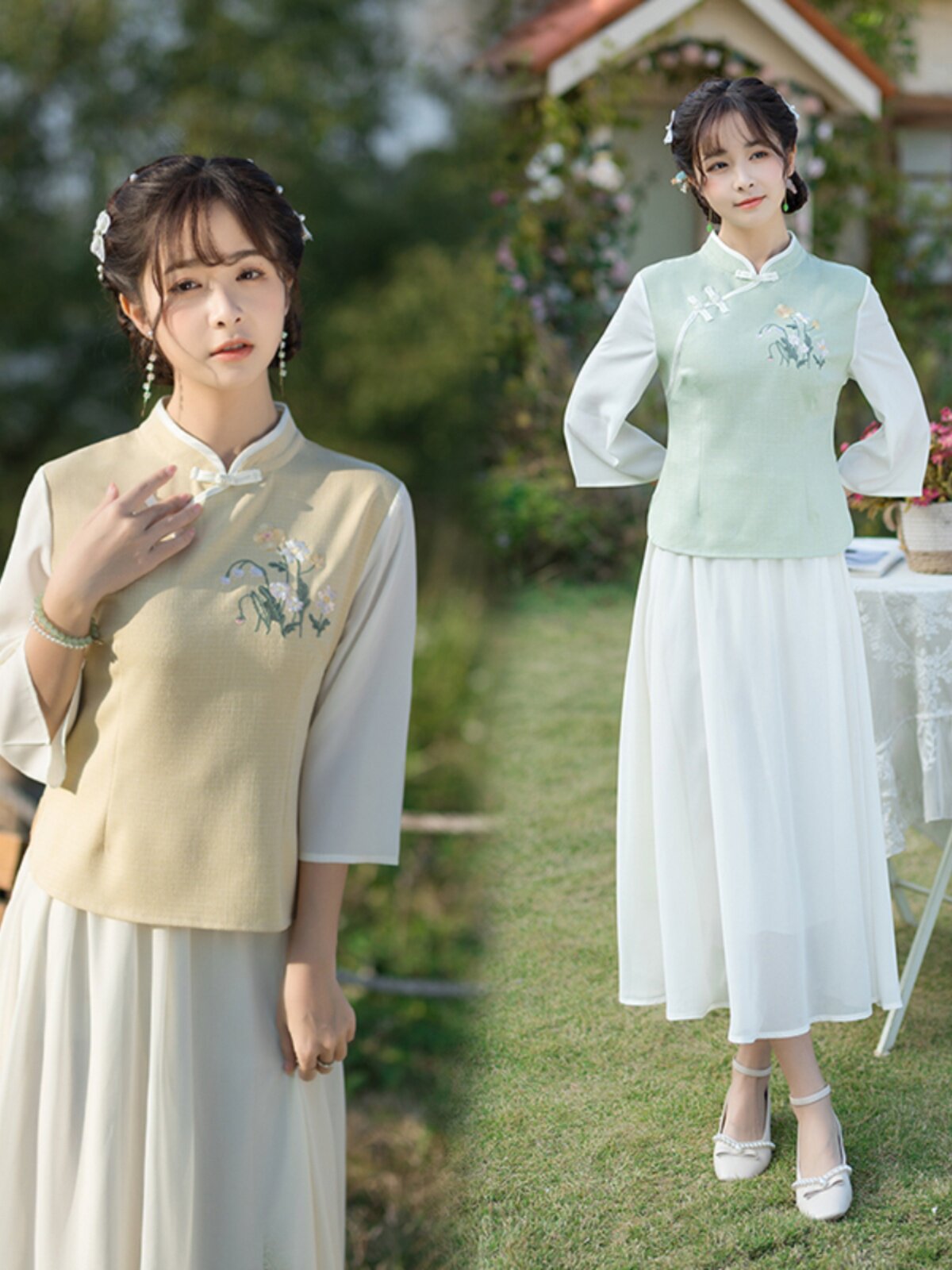 [10TH ANNIVERSARY STORE CELEBRATION] CHINESE STYLE TANG COSTUME STUDENT EMBROIDERY IMPROVED VERSION OF CHEONGSAM STAND COLLAR SUMMER VERSATILE TOP WOMEN