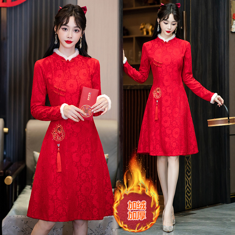秋冬改良加绒加厚新中式连衣裙女