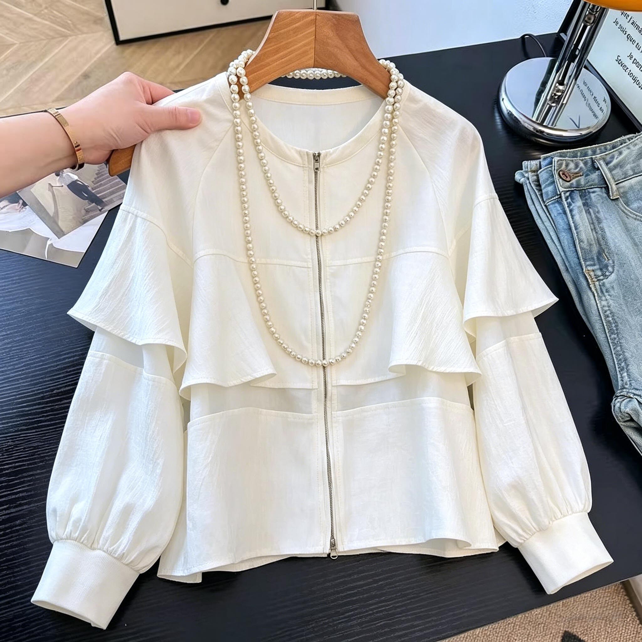 2026春装新款设计感独特韩系圆领荷叶边拼纱短款外套女薄款夹克