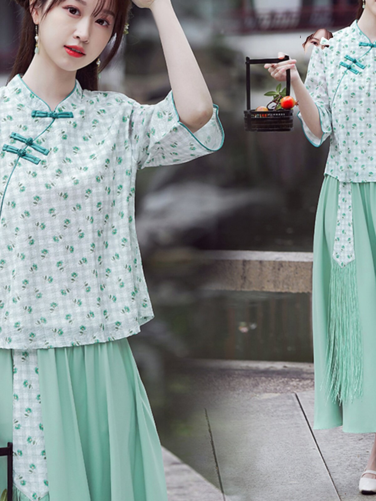 [LOSS OF MONEY PROCESSING] ETHNIC STYLE SMALL FRESH SPRING AND SUMMER COTTON AND LINEN EMBROIDERY PLACKET BLOUSE SKIRT TWO-PIECE SET OF WOMEN