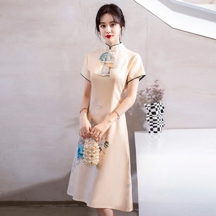 2022年夏季新款时尚民族风改良版旗袍中国风复古印花中长款连衣裙