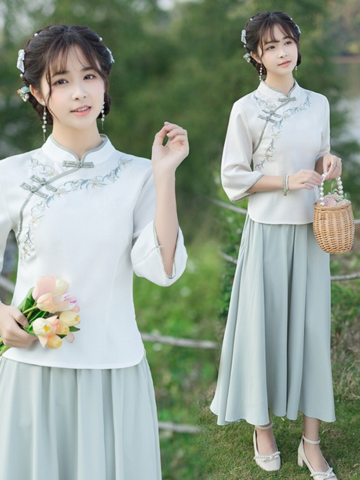 [LOSS OF MONEY PROCESSING] SPRING AND AUTUMN COTTON AND LINEN PLACKET BUCKLE LITERARY RETRO STYLE TOP ELASTIC WAIST SKIRT SET