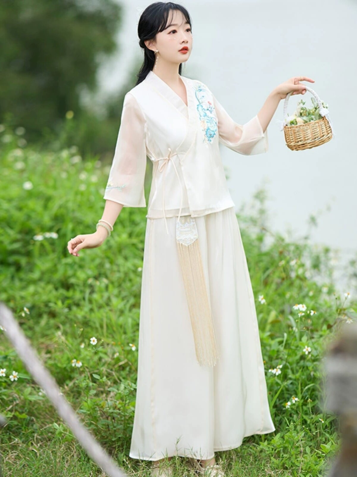 [8TH ANNIVERSARY STORE CELEBRATION] NEW CHINESE STYLE EMBROIDERY IMPROVED SWEAT ELEMENTS THREE-QUARTER SLEEVE TOP TEA DRESS CULOTTES SET