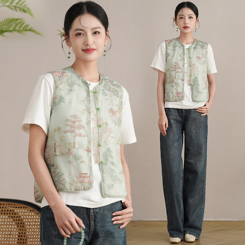 新中式小清新绣花复古马甲上衣女