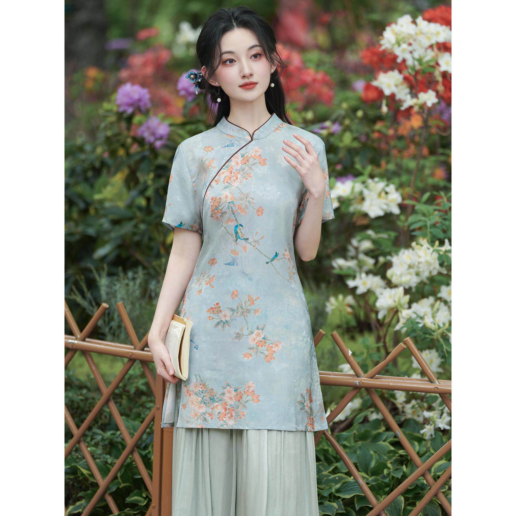 香云纱新中式短袖奥黛夏改良旗袍花色长款盘扣立领开衩上衣