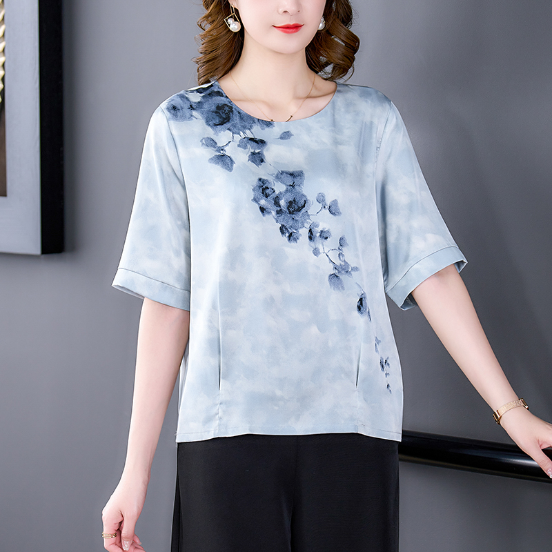 短袖重磅真丝水墨印花中老年人