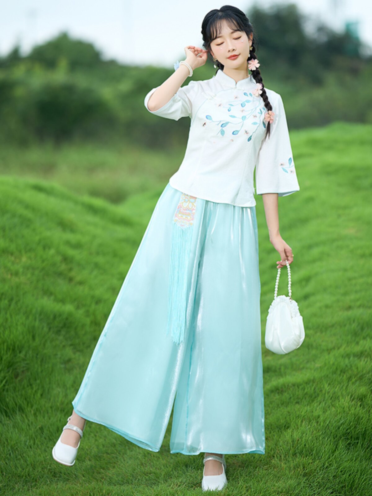 [LOSS OF MONEY PROCESSING] NEW CHINESE TANG COSTUME CHINESE IMPROVED VERSION OF THE HANFU CHEONGSAM VERSATILE TEMPERAMENT DESIGN SENSE WIDE-LEG PANTS