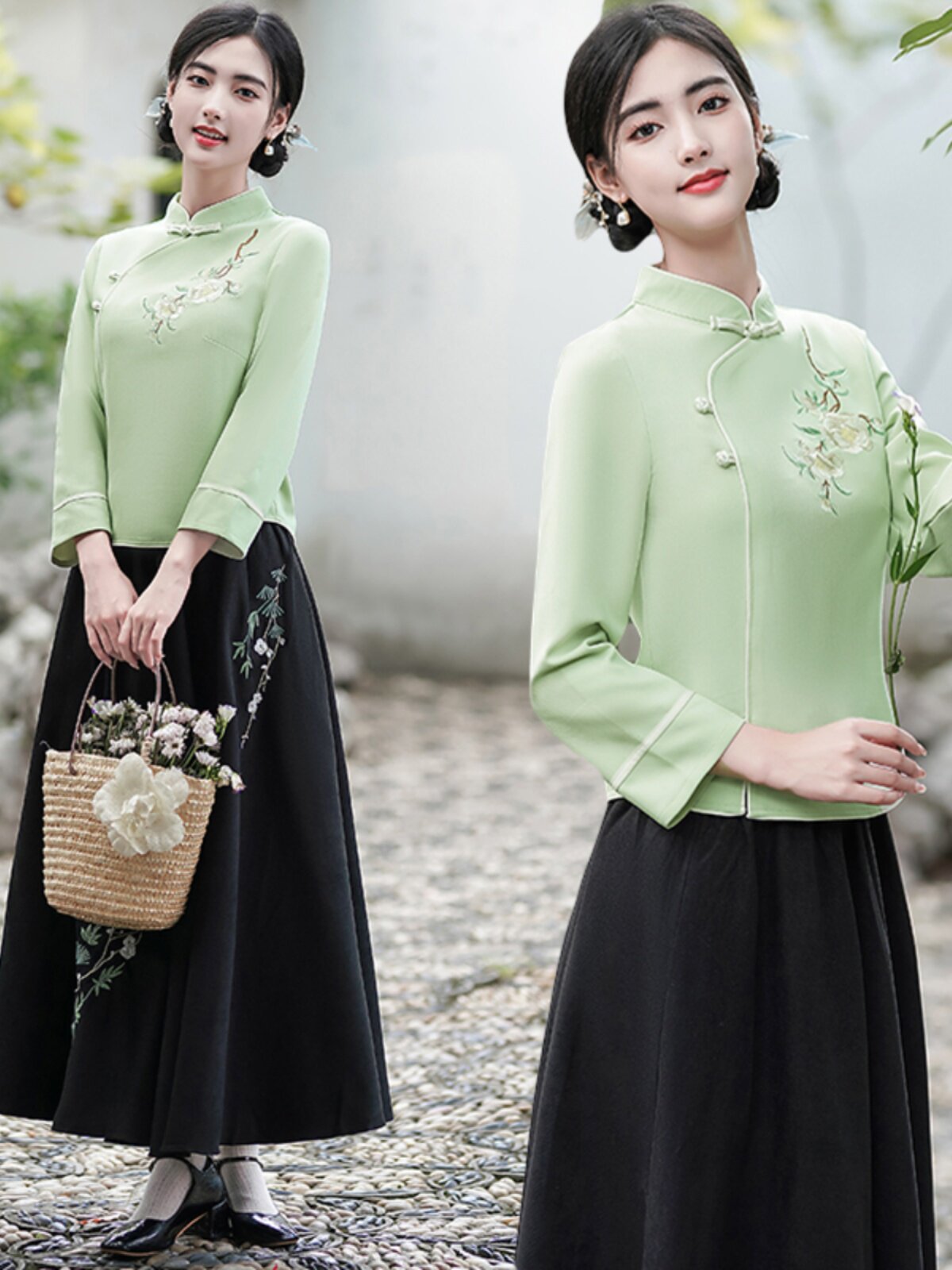 [ONE PIECE SPECIAL] NEW CHINESE STYLE REPUBLIC OF CHINA EMBROIDERED SLIM STAND-UP COLLAR TOP ELASTIC WAIST SKIRT TWO-PIECE SET