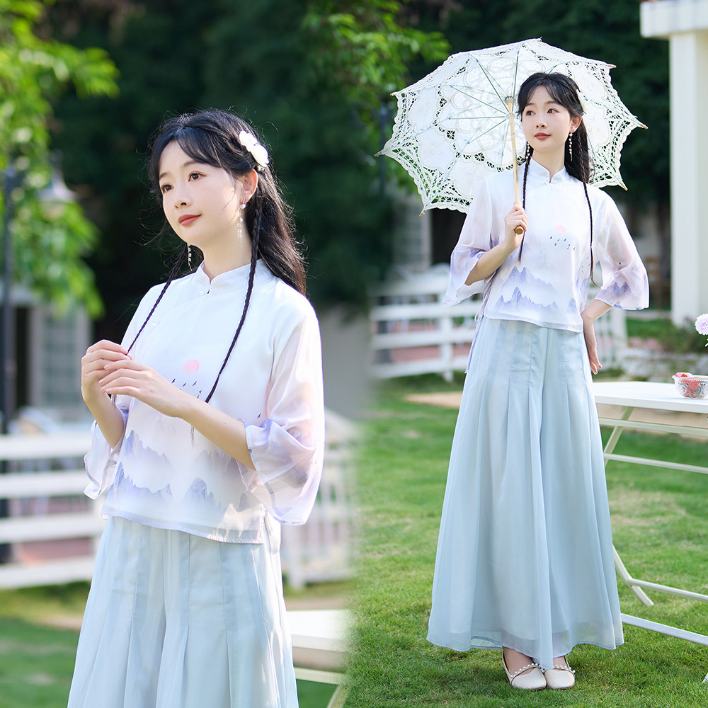 新中式民族风印花上衣简约裤子女