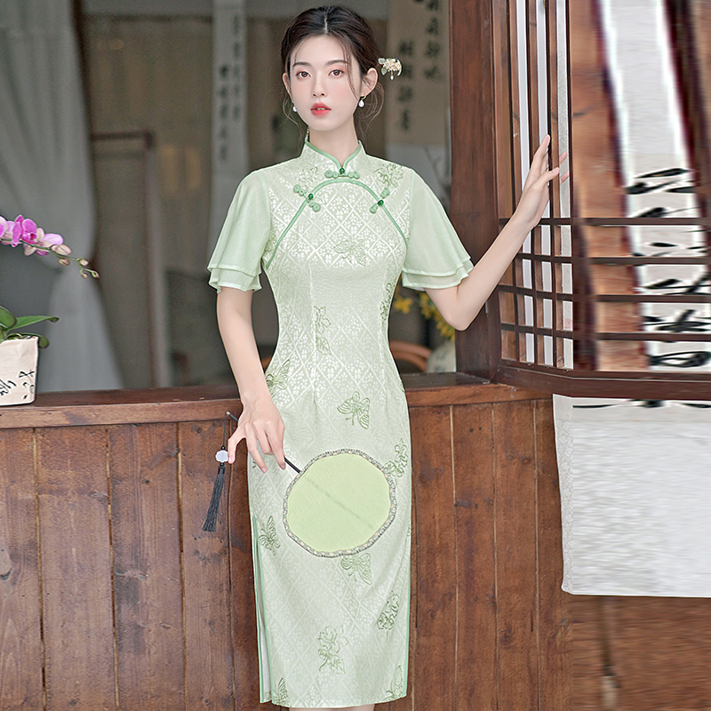 新中式旗袍年轻款气质高端绿色双襟改良年轻款小个子中国风连衣裙