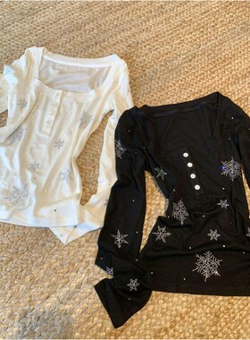 法式复古白色烫钻雪花亨利衫长袖t恤女早春修身显瘦打底内搭上衣