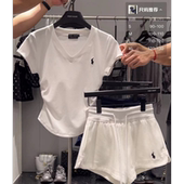 女 短裤 收腰显瘦上衣T恤 两件套装 韩系辣妹高级感V领小马刺绣短袖