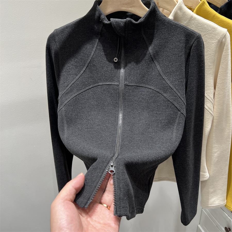 半高领德绒秋季长袖打底衫纯色鱼骨收腰双拉链开衫卫衣外套B8916