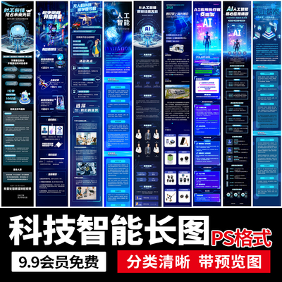 蓝色科技感人工智能自媒体公众号长图文落地页宣传海报PS设计素材