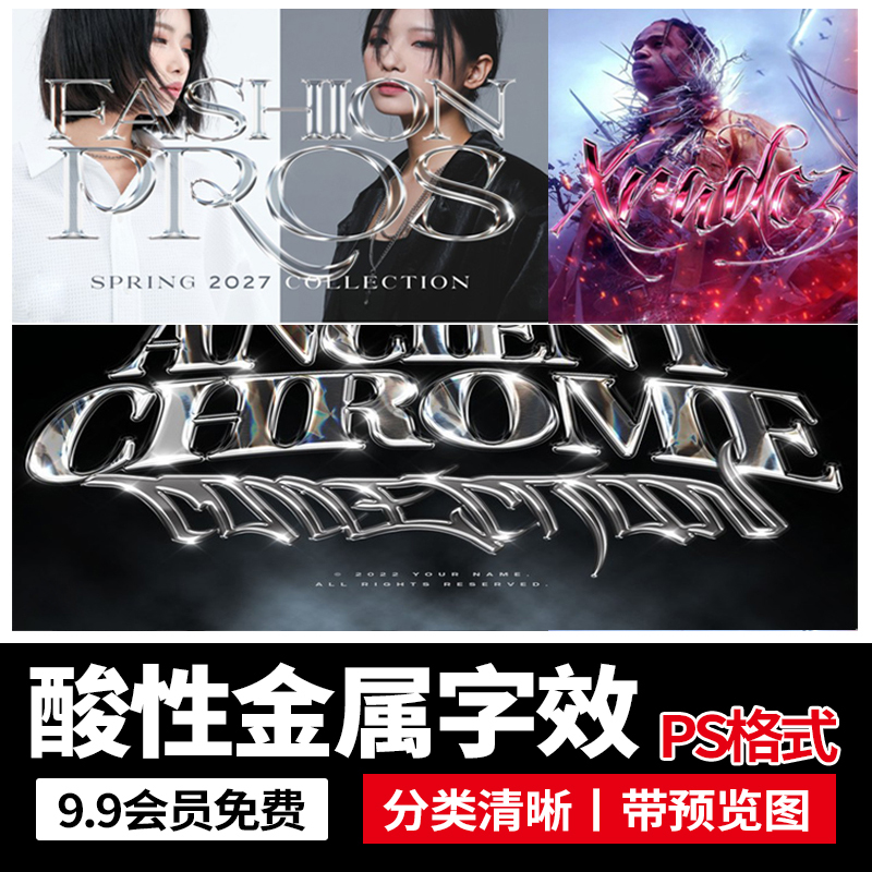 潮流酸性金属质感赛博朋克哥特风3D立体LOGO字体特效样机PSD素材