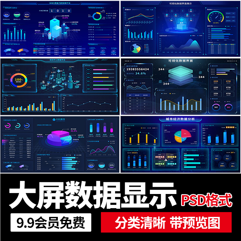 ui可视化蓝色科技感大屏数据管理实时监控统计界面后台展示设计ps