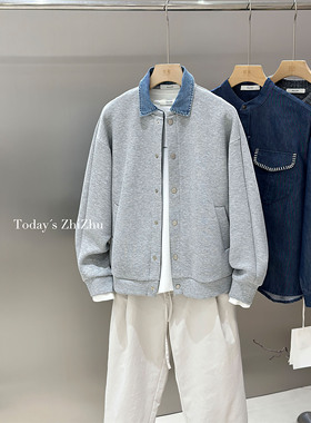 男装ins风休闲百搭松弛感撞色牛仔布假两件针织外套 J25633