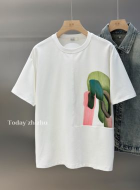 拼接面料彩绘涂鸦短袖T恤