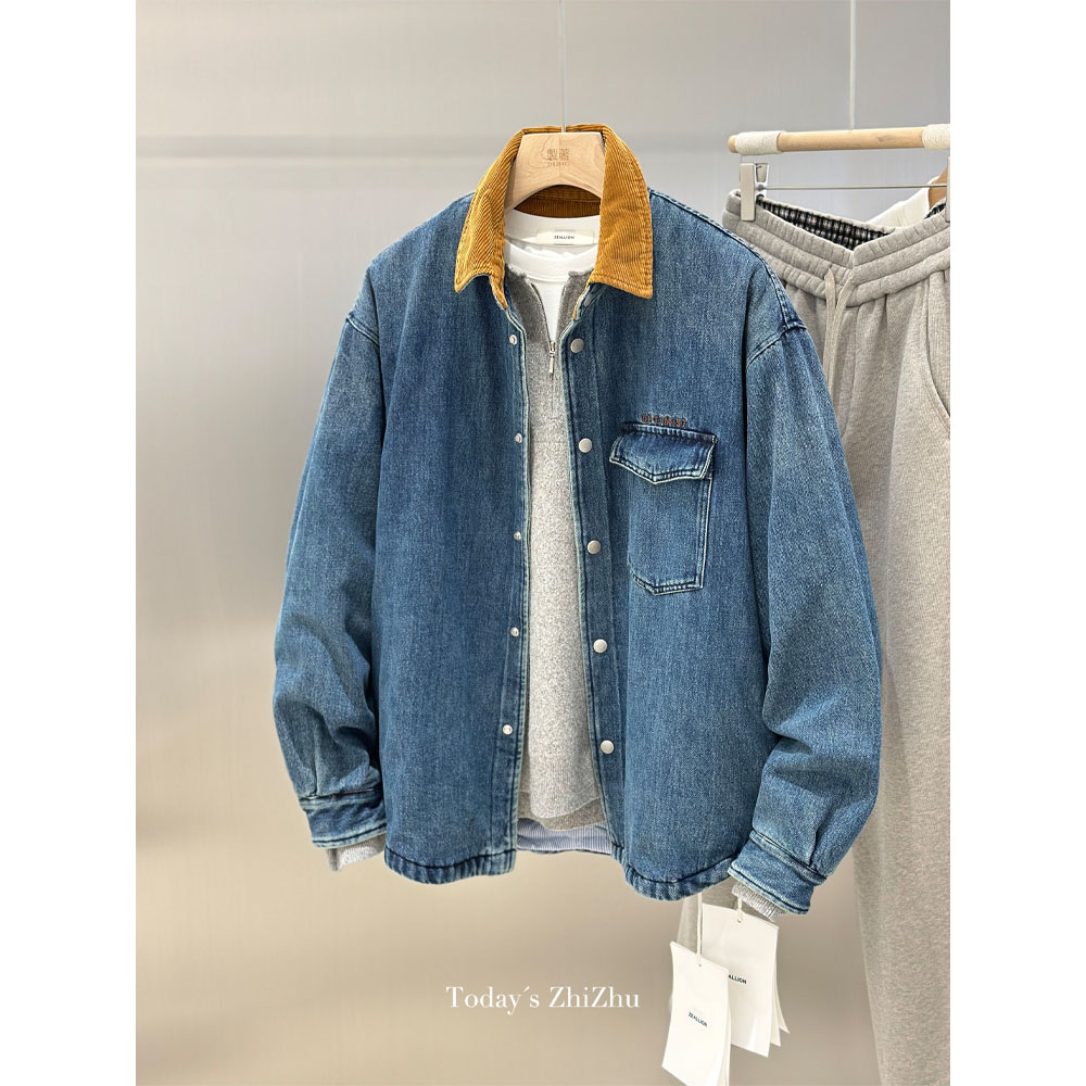 撞色灯芯绒水洗牛仔棉服