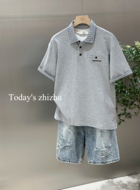 男生休闲百搭轻奢miu风格子布翻领短袖POLO  P25387