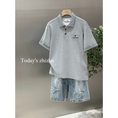 男生休闲百搭轻奢miu风格子布翻领短袖POLO  P25387