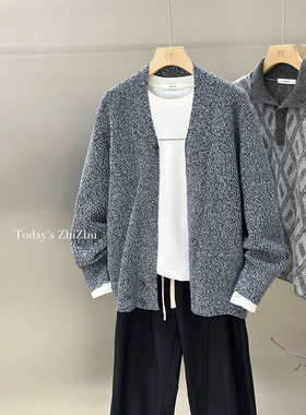 男装慵懒高级感老钱风三粒扣粗针织羊毛混纺毛衣开衫  M25859