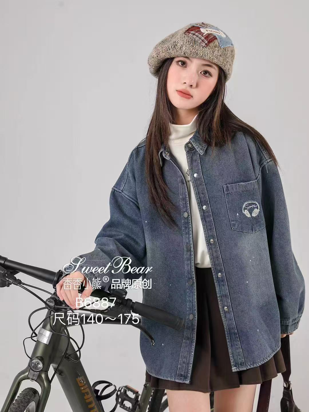香香小熊牛仔衬衫加绒25年秋冬新款青少年女装中大童休闲上衣外套