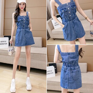 连衣裙 一字肩露肩腰带收腰显瘦无袖 2026吊带牛仔裙女减龄时尚 韩版