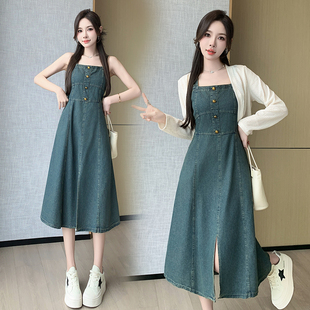 女收腰显瘦气质百搭开叉连衣裙女 牛仔背带裙长款 2026春夏季 新品