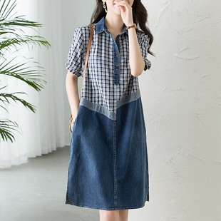 格纹牛仔拼接连衣裙宽松胖MM2023夏季 欧洲站大码 新款 设计感小众
