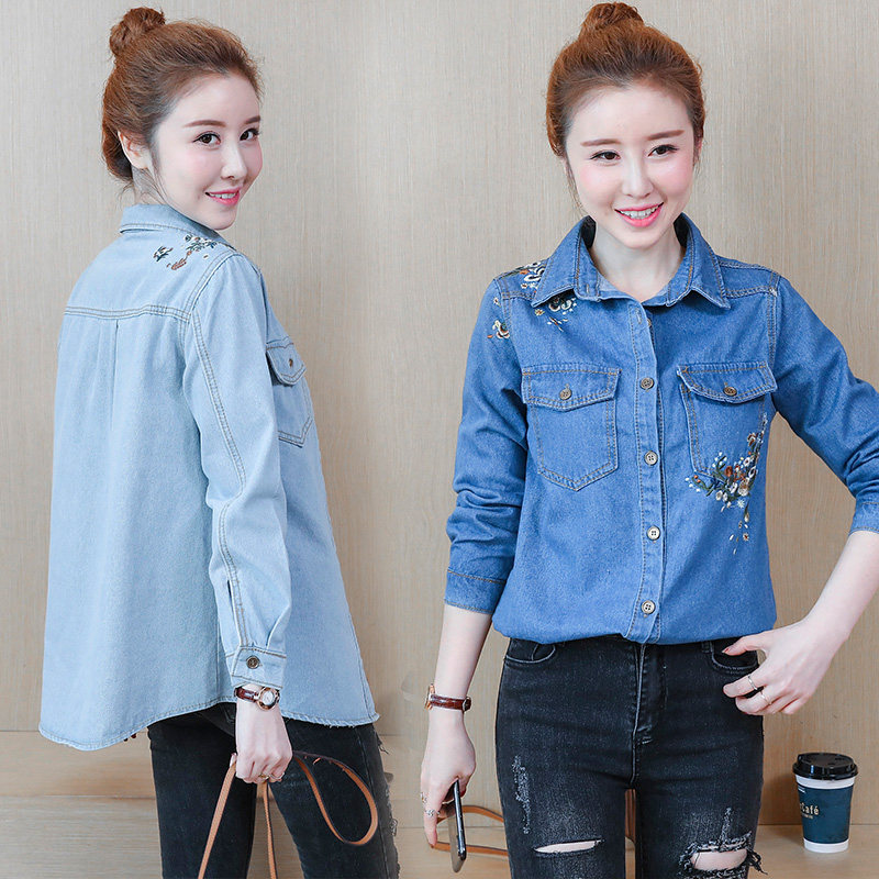 2019 Spring new pattern heavy industry Embroidery Denim Shirt Chaqueta jacket Easy leisure time coatin the Women's clothing/Boutique , Shirt  category - from Buy2taobao.com to provide professional Taobao agent buy service