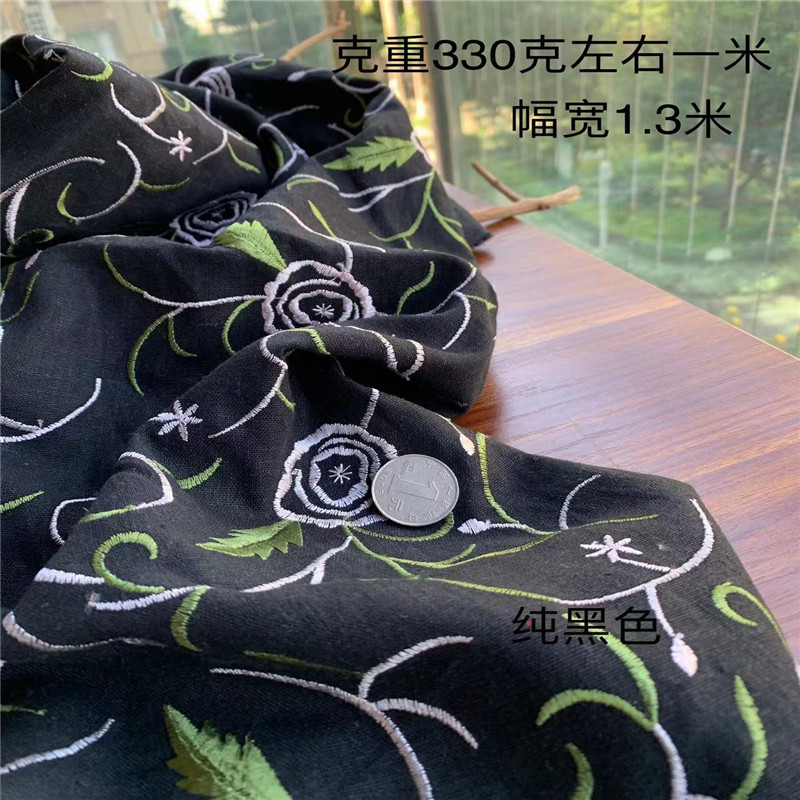 公司定制软垂舒服纯黑色亚麻棉重工刺绣靓花亲肤连衣裙服装布料