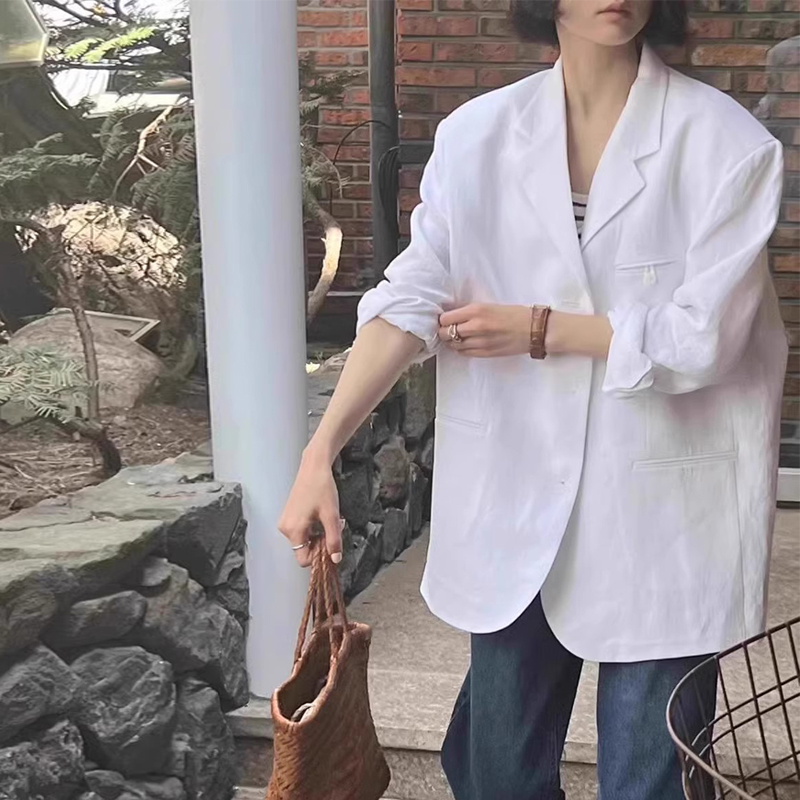 2025夏季新款韩版宽松休闲薄款棉麻西装外套女时尚流行网红小西服