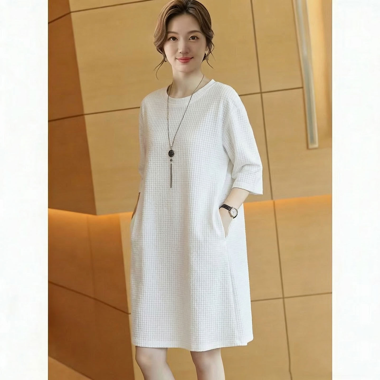女春夏大码女装中长款连衣裙简约宽松圆领落肩中袖A型针织小暗格