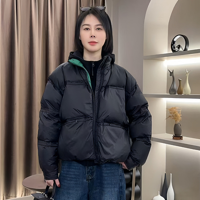 黑色短款羽绒服女款冬季2024新款立领白鸭绒面包服外套小个子