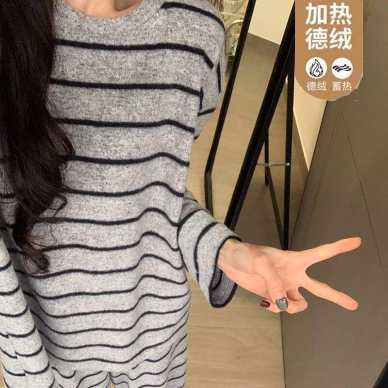 德绒加厚!冬日保暖韩版设计感条纹毛巾绒家居服两件套装H