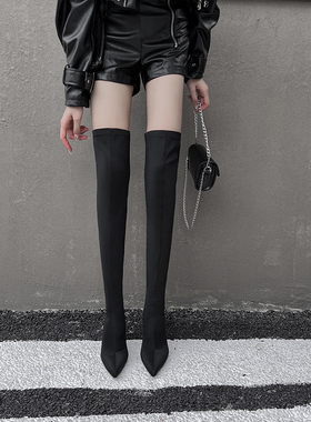 绸缎过膝长靴女孩黑色显瘦腿弹力袜靴尖头细跟长筒靴小个子高跟鞋
