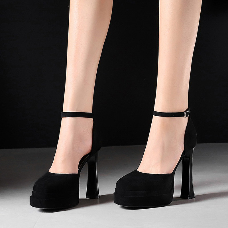 法式玛丽珍绒面高跟鞋粗跟防水台性感芭比小个子配裙子包头凉鞋女