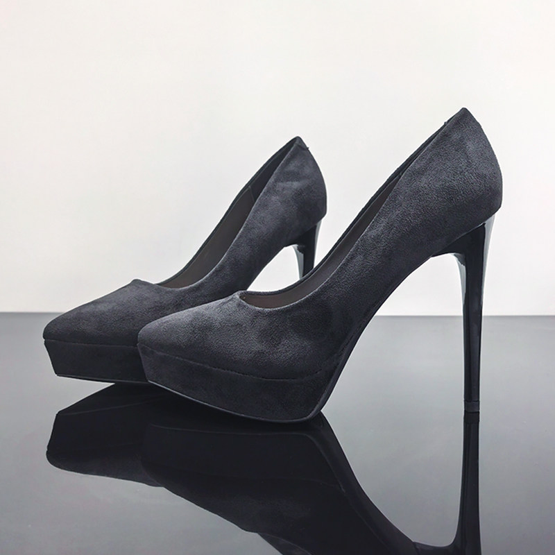 正装百搭绒面黑色防水台12CM尖头高跟鞋性感浅口不累脚气质职业鞋