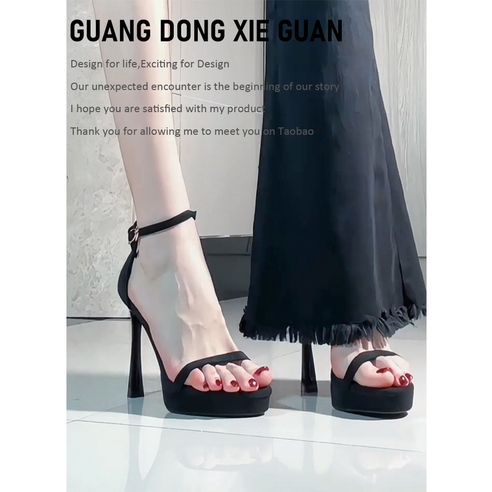 走秀凉鞋女2026夏季新款一字带防水台厚底细跟黑色气质绒面高跟鞋