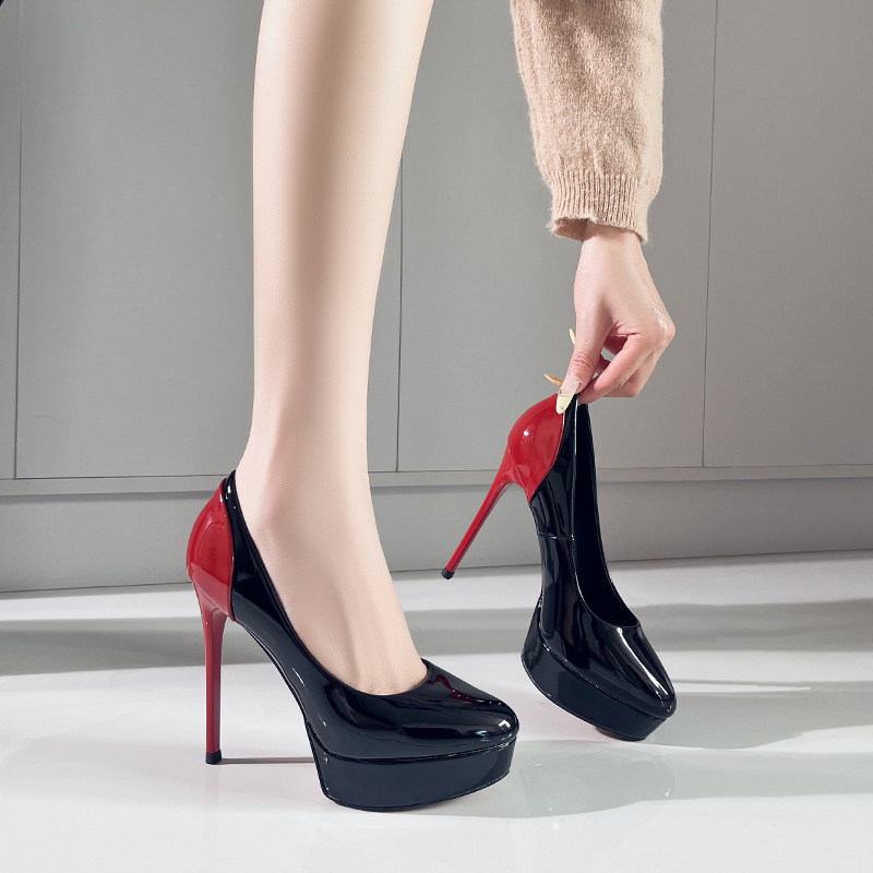 12cm高跟鞋女防水台漆皮厚底单鞋