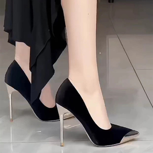 黑色绒面高跟鞋女细跟2026年夏季新款气质尖头职业配裙子单鞋10CM