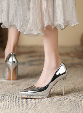 软皮高跟鞋女2025年春季新款10厘米不累脚防水台性感细跟尖头单鞋