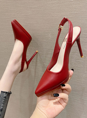 酒红色高跟鞋女2025年春夏新款防水台细跟包头凉鞋尖头后绊带单鞋