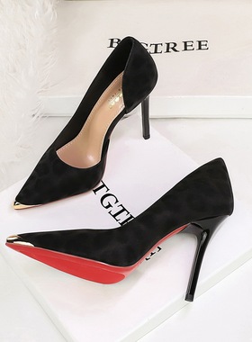 黑色绒面高跟鞋细跟侧空尖头浅口礼服简约百搭春夏款红底职业单鞋