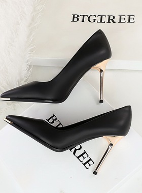 黑色性感尖头不累脚金属高跟鞋女细跟2025春季新款气质职业工作鞋