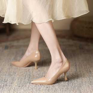 气质小跟尖头网红浅口百搭仙女单鞋 漆皮裸色高跟鞋 女细跟7cm法式